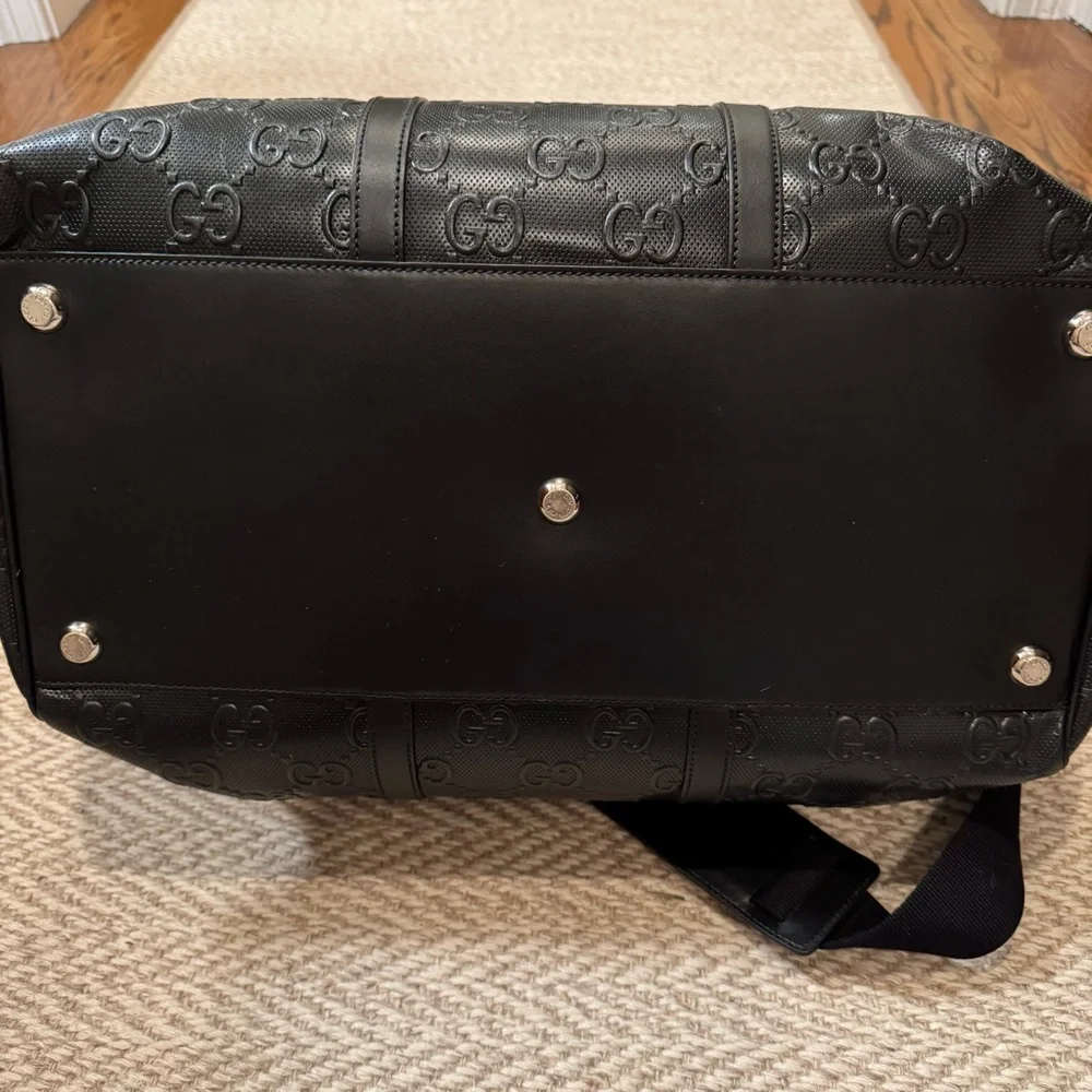 New! Gucci GG embossed black leather duffel bag